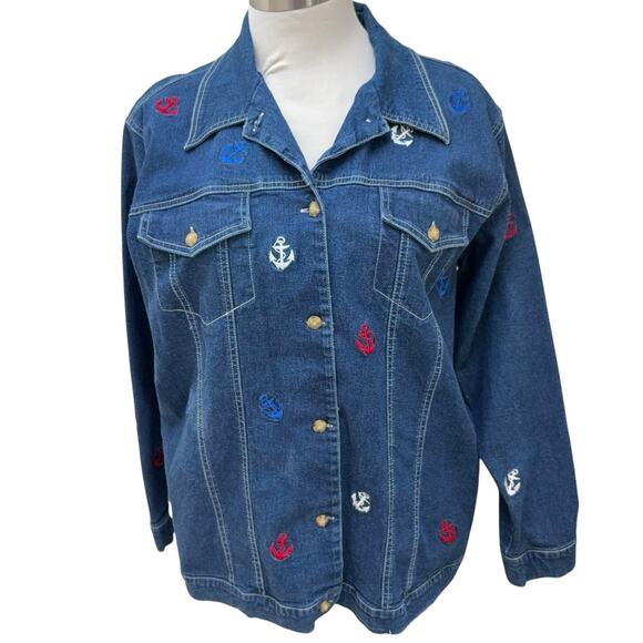 Quacker Factory Denim Jacket Womens Size 1X Anchors Blue Cruise Beach Resort - Picture 4 of 7